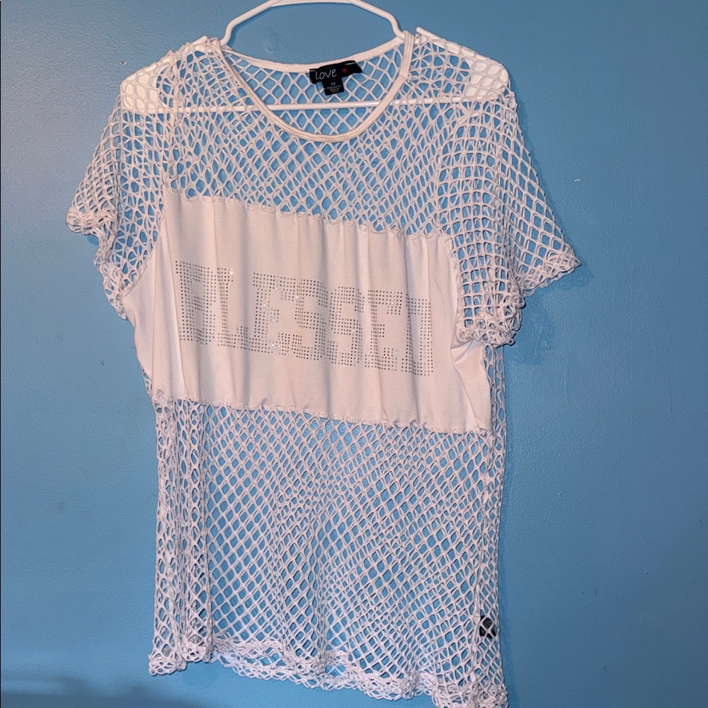 Love White Fishnet Rhinestone Logo Tee